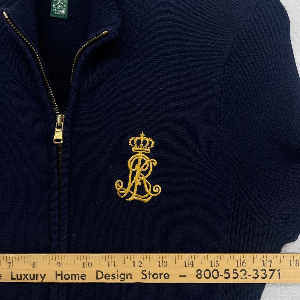LAUREN RALPH LAUREN Sweater L LRL Monogram Crest Cardigan Full Zip Cotton Blue - Picture 9 of 11